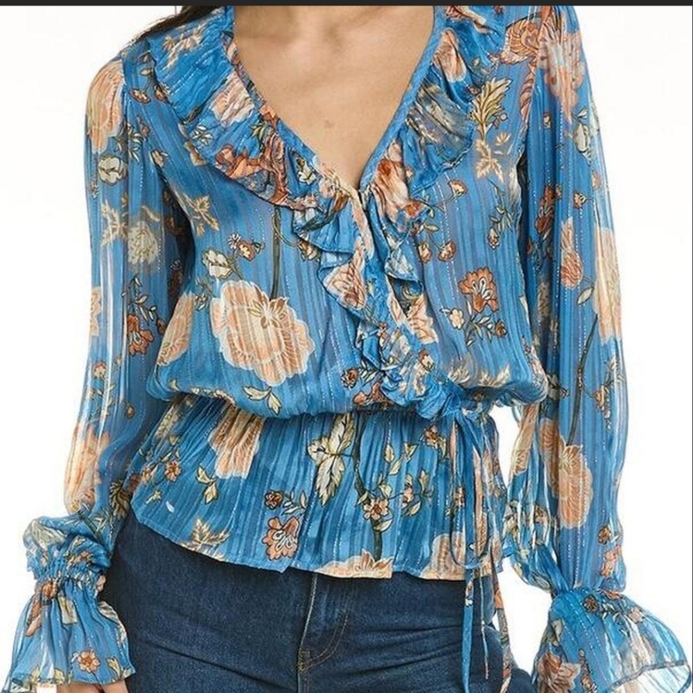 Ramy Brook Veronica Floral Blue Metallic Ruffle Peplum Blouse Top Women Size XS